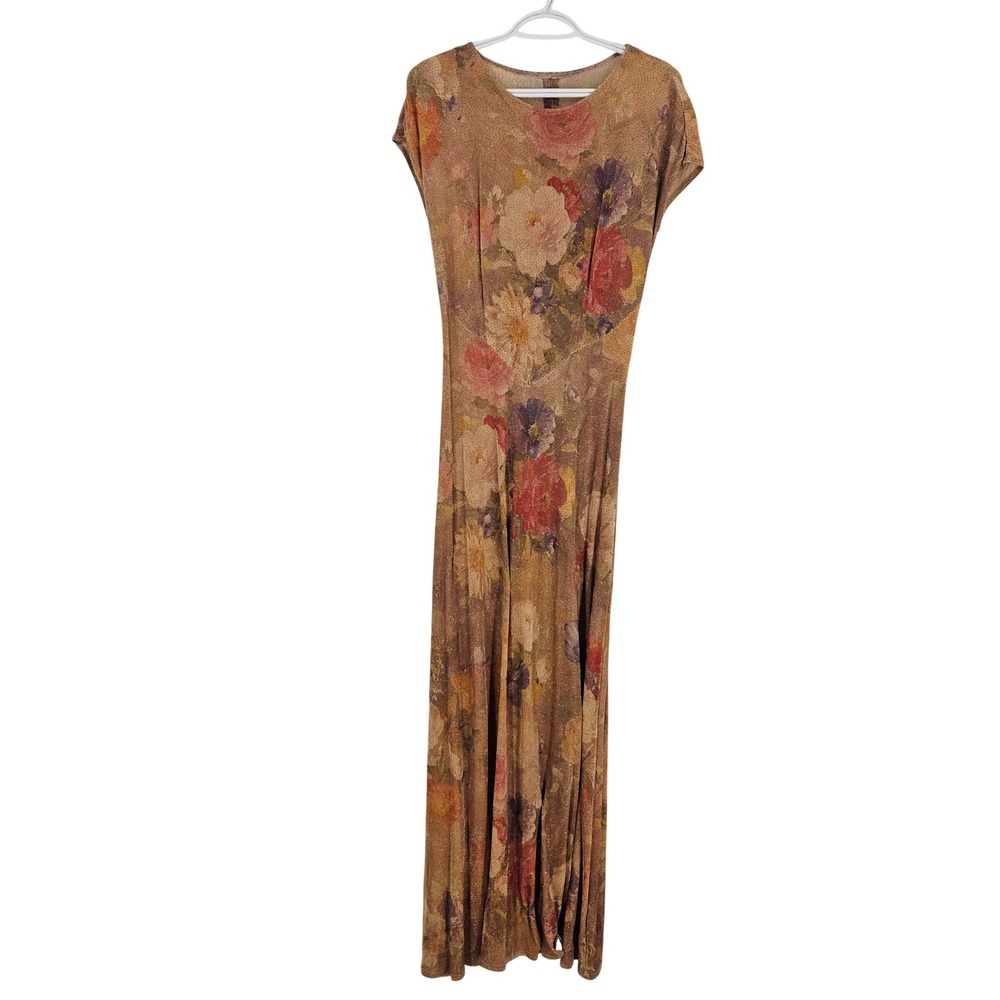 True Vintage y2k Floral Maxi Dress Gold Metallic Shimmer Baroque Mesh Sheer M